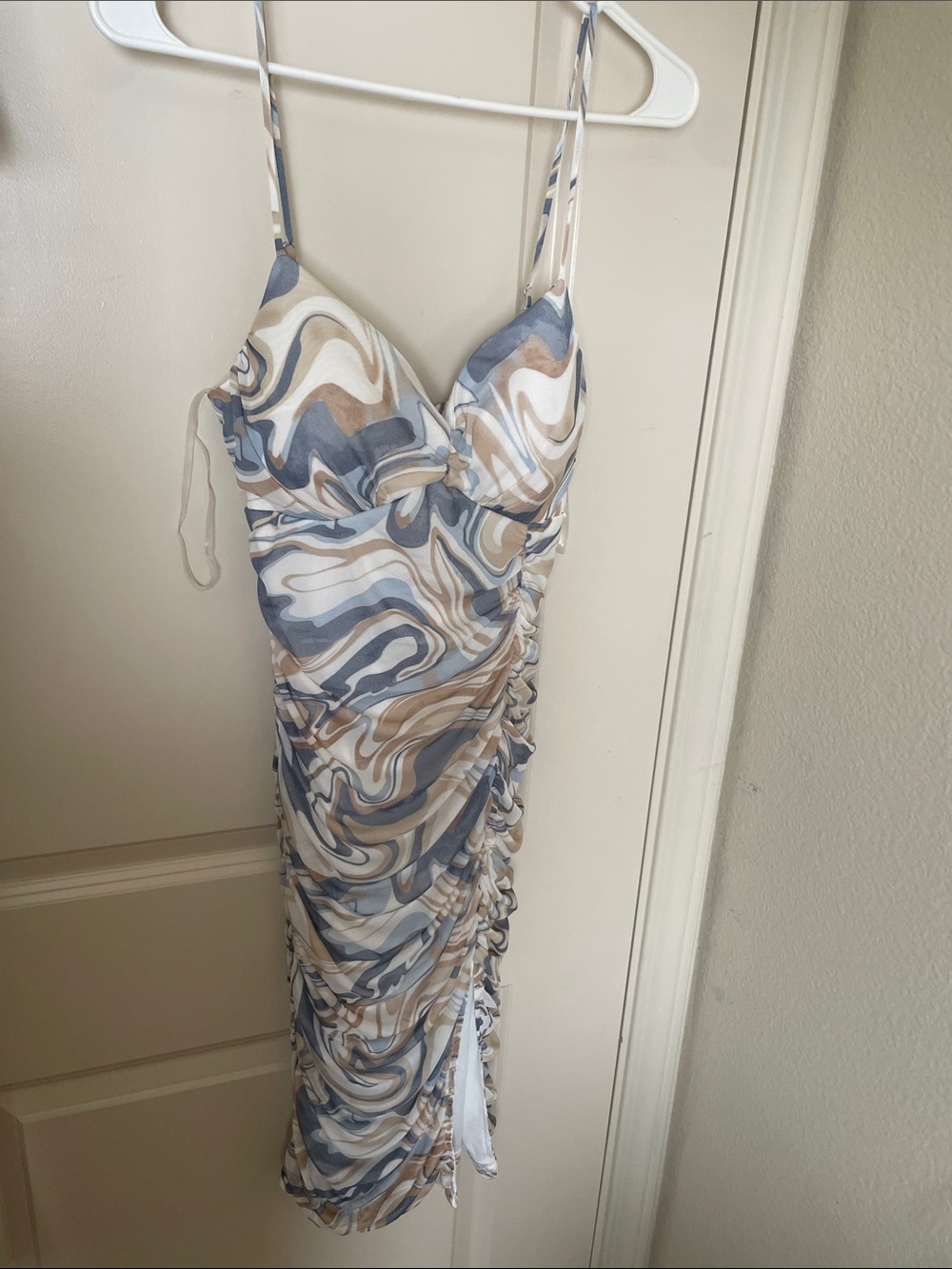 Swirl-Print Spaghetti Strap Midi Dress in Blue & Cream
